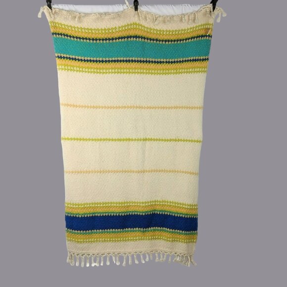 Vintage Blanket Knit Crochet Handmade Cream Green - Picture 1 of 7